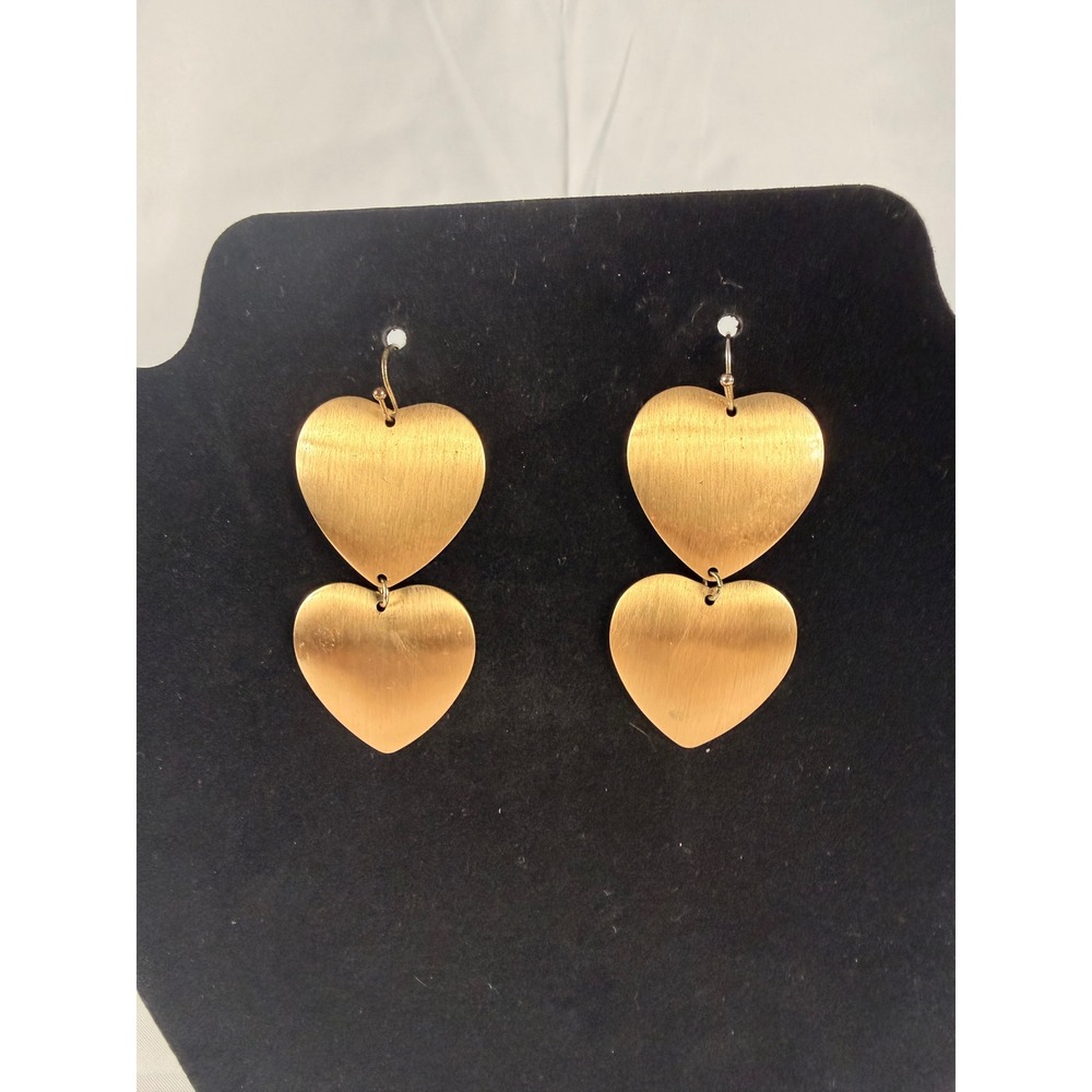 Unbranded Double Heart Earrings OS Gold Brushed Metal Tiered Dangle Drop